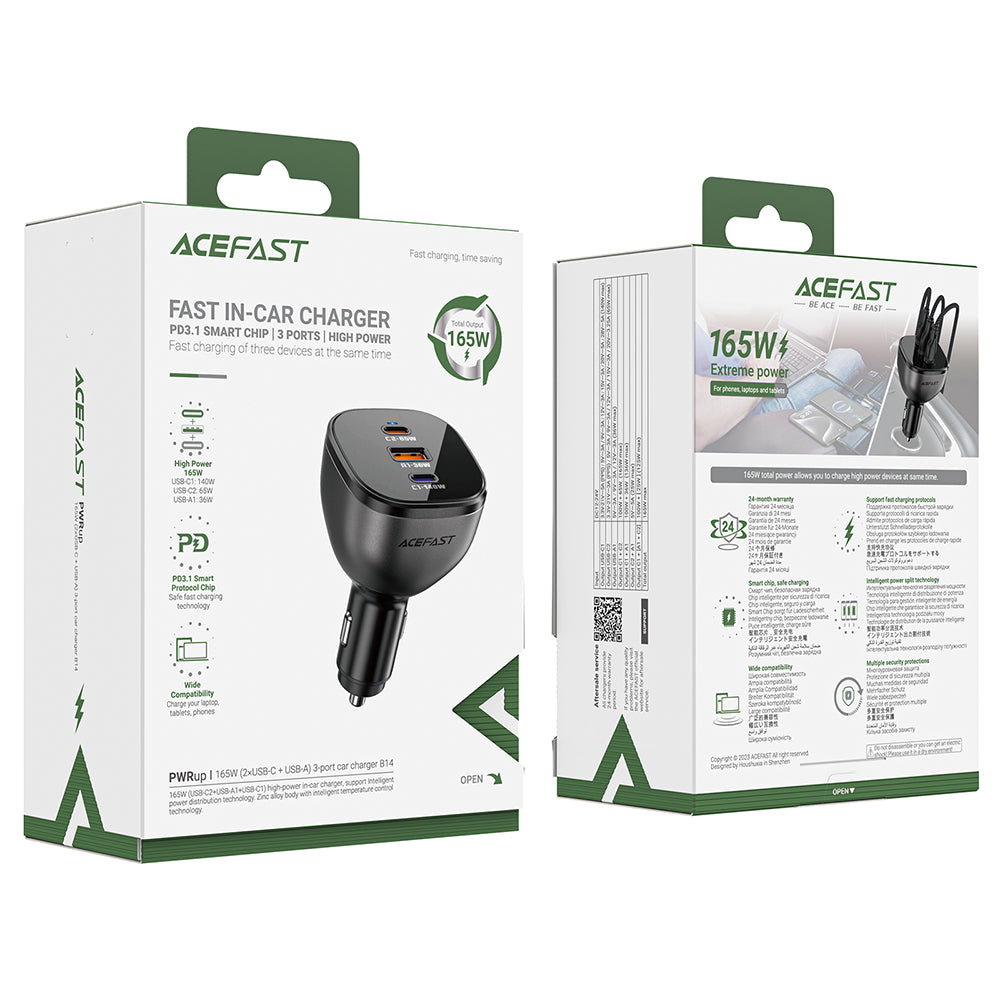 Acefast - Car Charger (B14) - 2x USB-C, USB, 165W, Fast Charging, Intelligent Temperature Control - Black