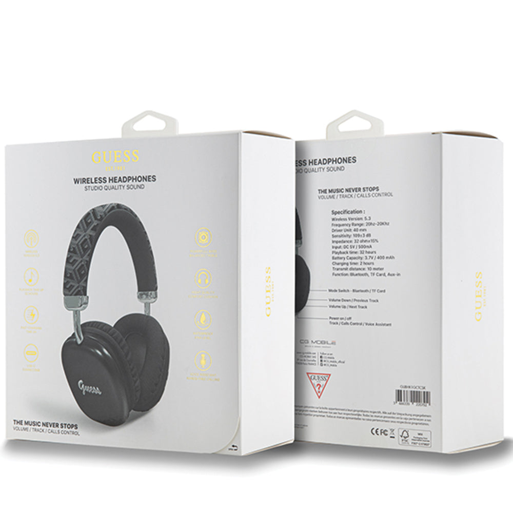 Guess - Wireless Headphones GCUBE Metallic Script Logo (GUBHK1GCTCSK) - Over-ear Headset, Bluetooth 5.3, 400mAh - Black