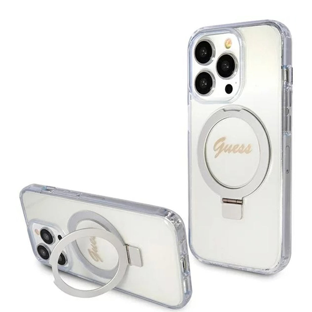 Guess - Ring Stand Script Glitter MagSafe (GUHMP15LHRSGSD) - iPhone 15 Pro - Clear