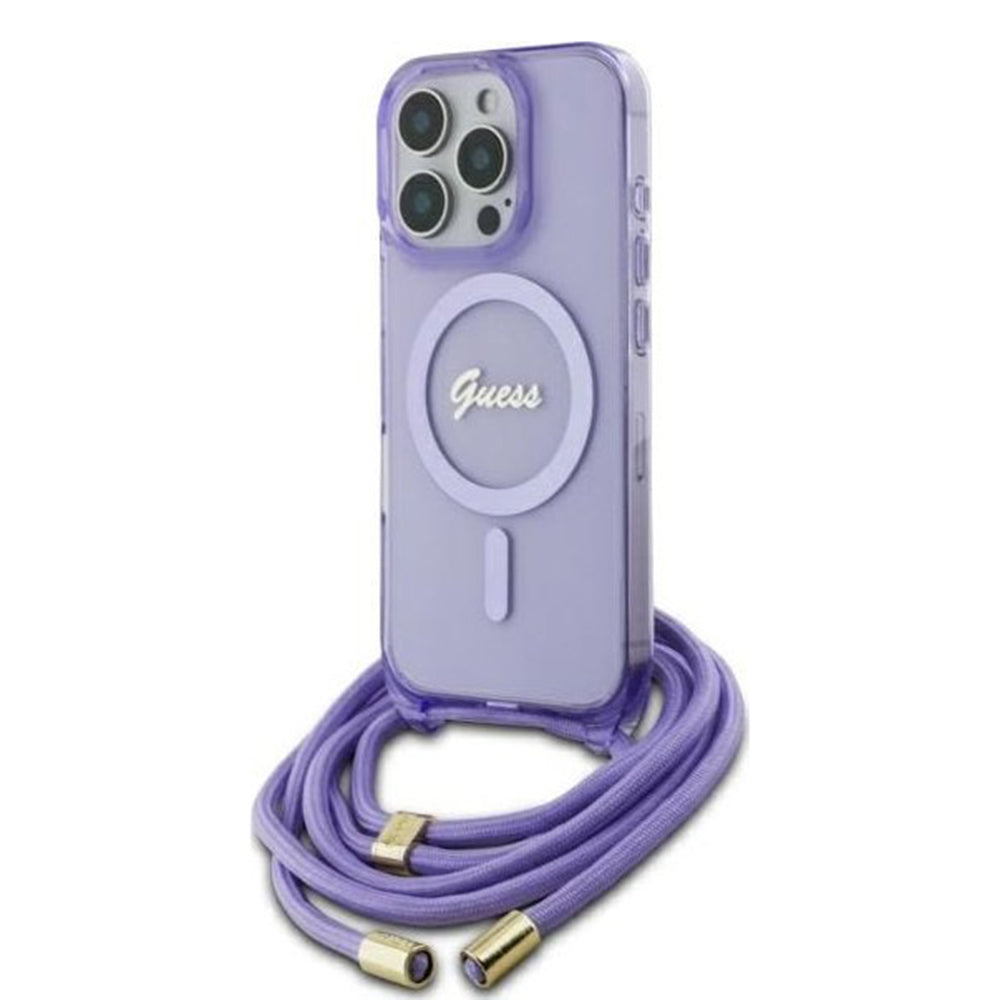 Husa pentru iPhone 16 Pro - Guess IML Crossbody Cord Script MagSafe (GUHMP16LHCTSGNSU) - Purple