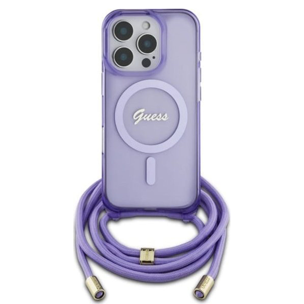 Husa pentru iPhone 16 Pro - Guess IML Crossbody Cord Script MagSafe (GUHMP16LHCTSGNSU) - Purple