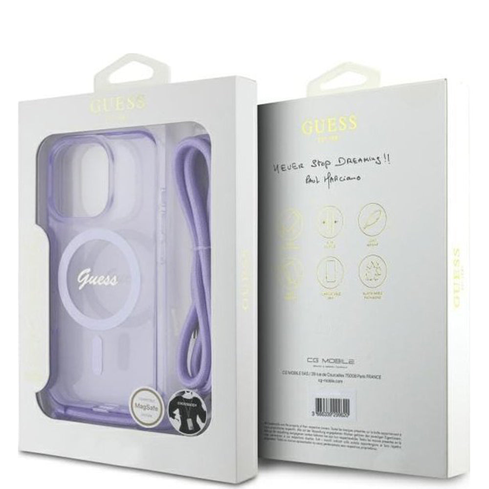 Husa pentru iPhone 16 Pro - Guess IML Crossbody Cord Script MagSafe (GUHMP16LHCTSGNSU) - Purple