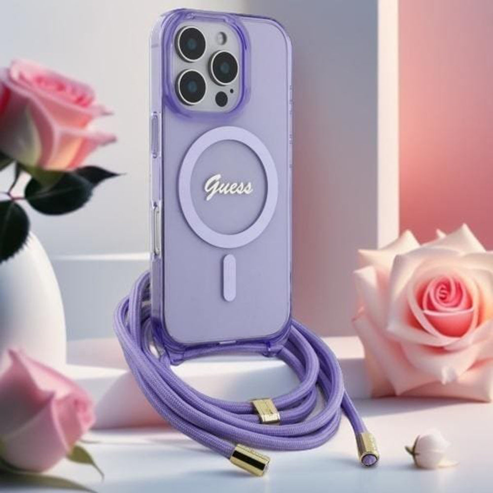 Husa pentru iPhone 16 Pro - Guess IML Crossbody Cord Script MagSafe (GUHMP16LHCTSGNSU) - Purple