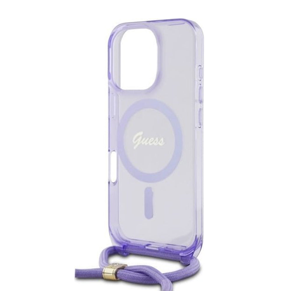 Husa pentru iPhone 16 Pro - Guess IML Crossbody Cord Script MagSafe (GUHMP16LHCTSGNSU) - Purple
