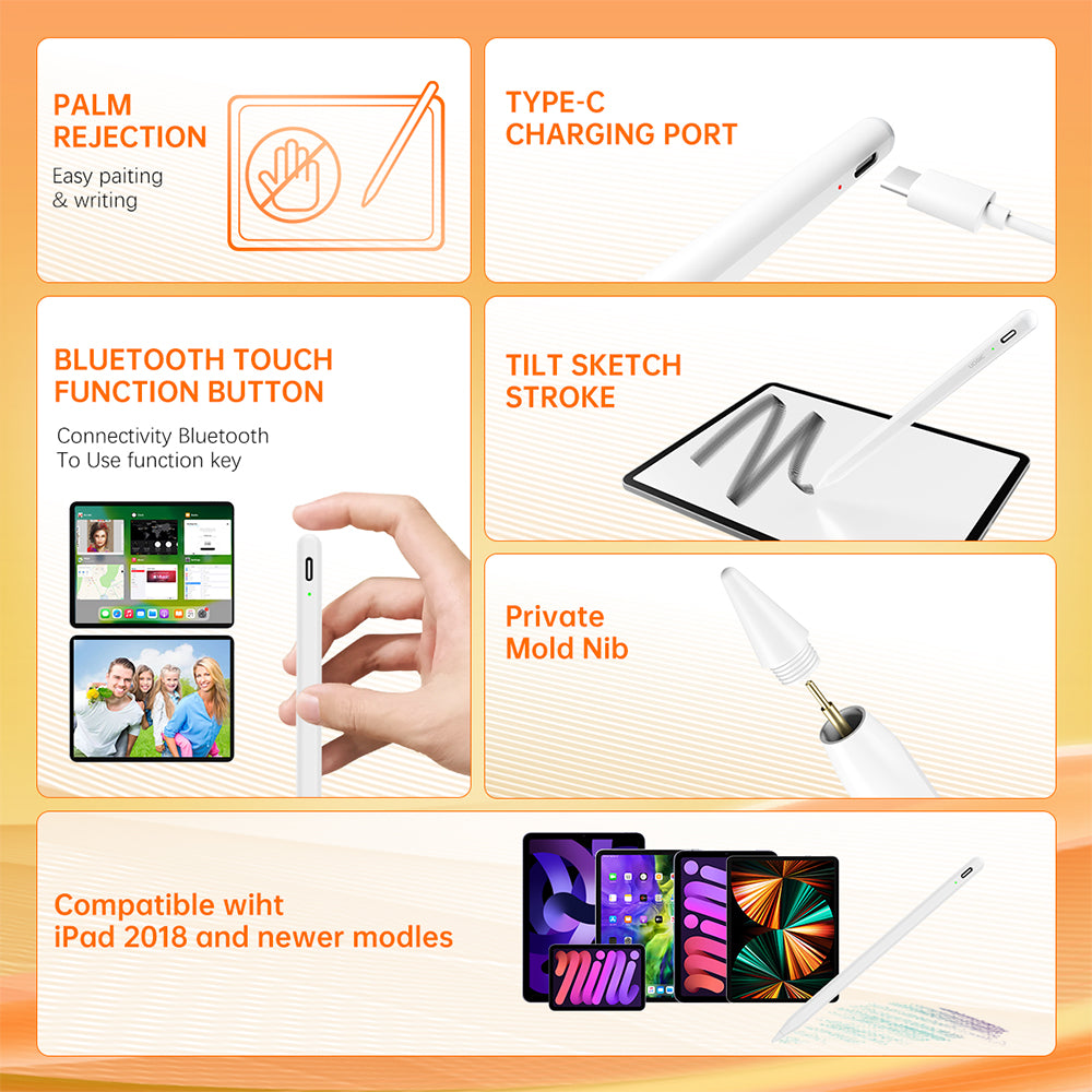 Techsuit - Stylus Pen (AC10-CP) - for iPad, Bluetooth, Type-C, Palm Rejection, Tilt Pressure Sense, 130mAh, 5V, 0.2A - W