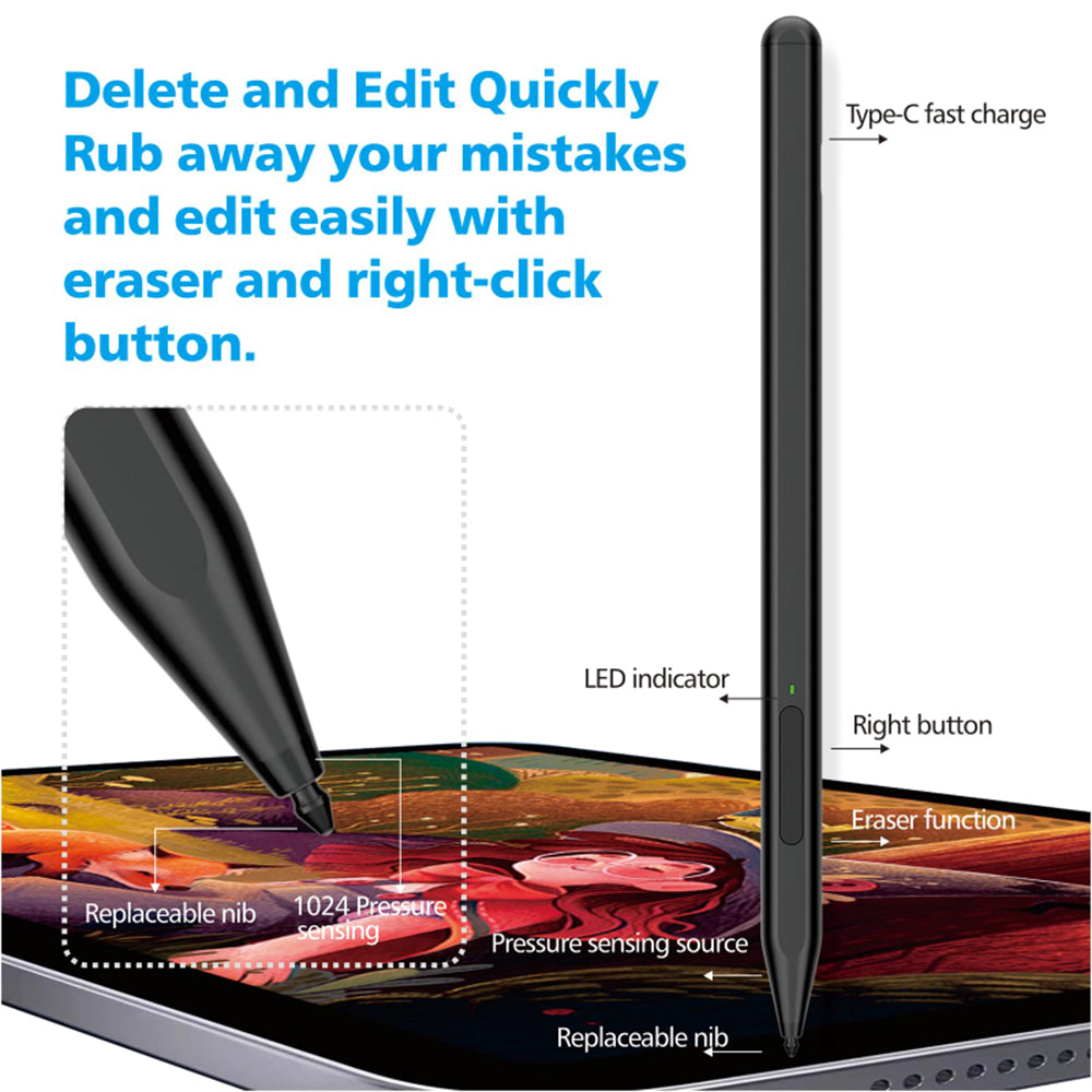 Techsuit - Stylus Pen (F97) - for Microsoft Surface, Active, Type-C, Palm Rejection, Side Adsorption, 90mAh, 5V, 0.2A - 