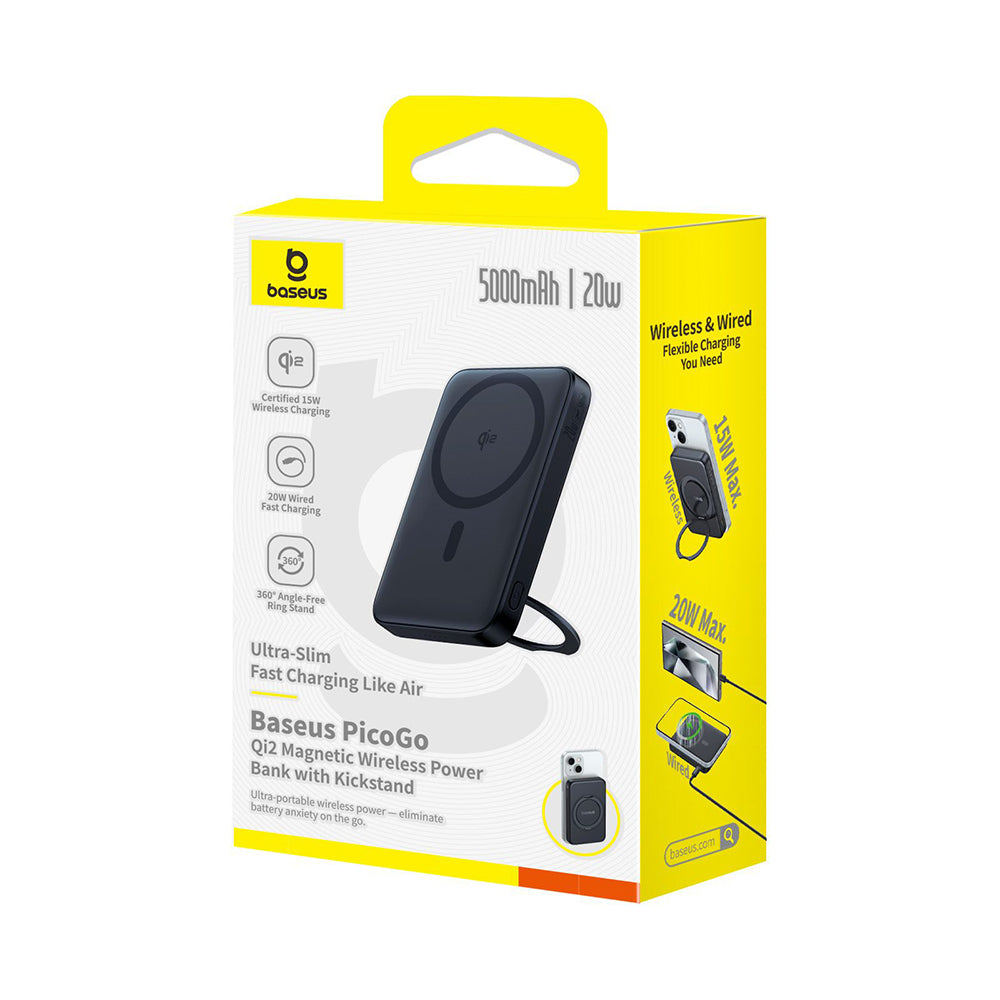 Baseus - Power Bank PicoGo (P10076802123-00) - Type-C, Qi2, Fast Charging, 20W, 5000mAh, Rotable Stand, Cable Type-C - B