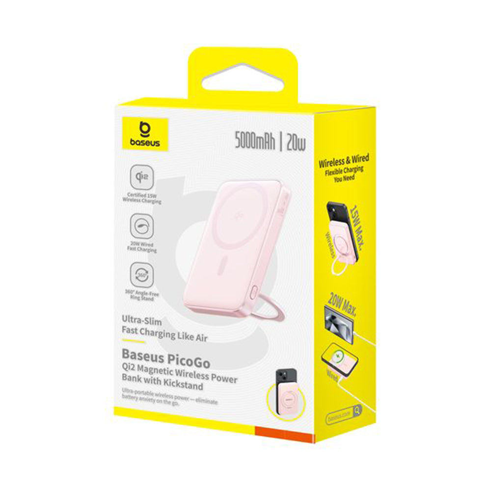 Baseus - Power Bank PicoGo (P10076800413-00) - Type-C, Qi2, Fast Charging, 20W, 5000mAh, Rotable Stand, Cable Type-C - P