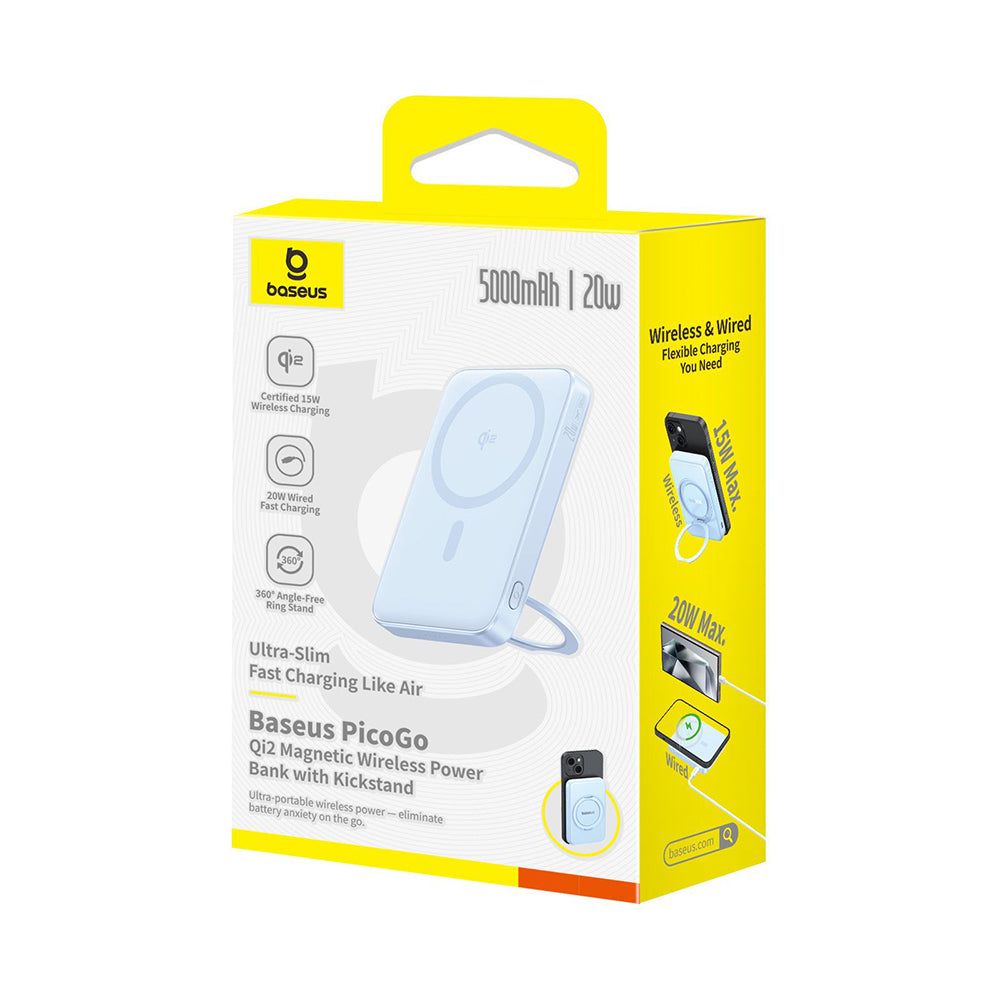 Baseus - Power Bank PicoGo (P10076800313-00) - Type-C, Qi2, Fast Charging, 20W, 5000mAh, Rotable Stand, Cable Type-C - B
