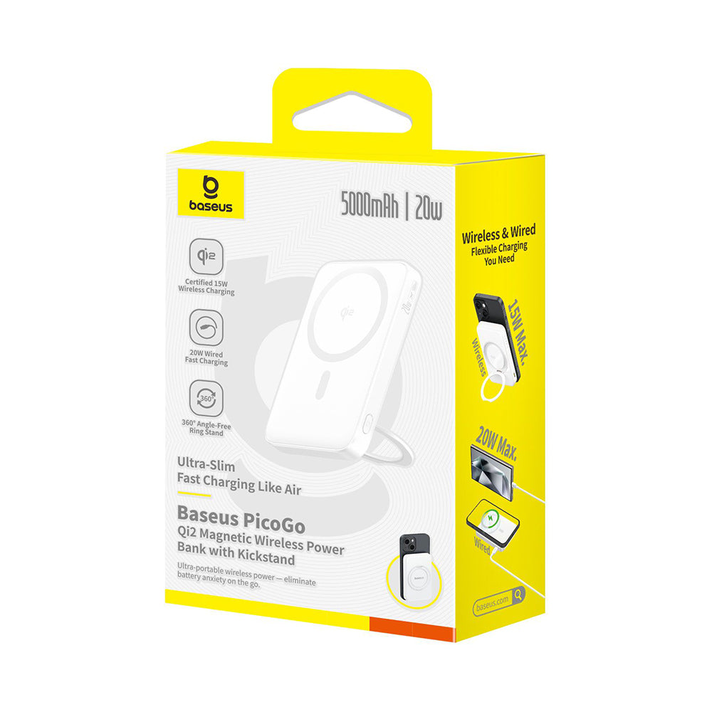 Baseus - Power Bank PicoGo (P10076800213-01) - Type-C, Qi2, Fast Charging, 20W, 5000mAh, Rotable Stand, Cable Type-C - W