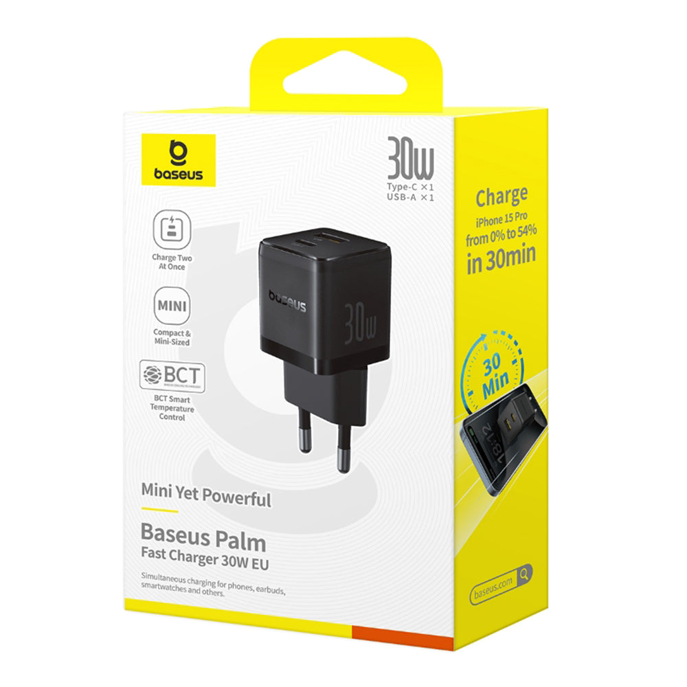 Baseus - Wall Charger Palm (P1011160A113-00) - Fast Charging, 2in1, USB, Type-C, 30W - Cluster Black