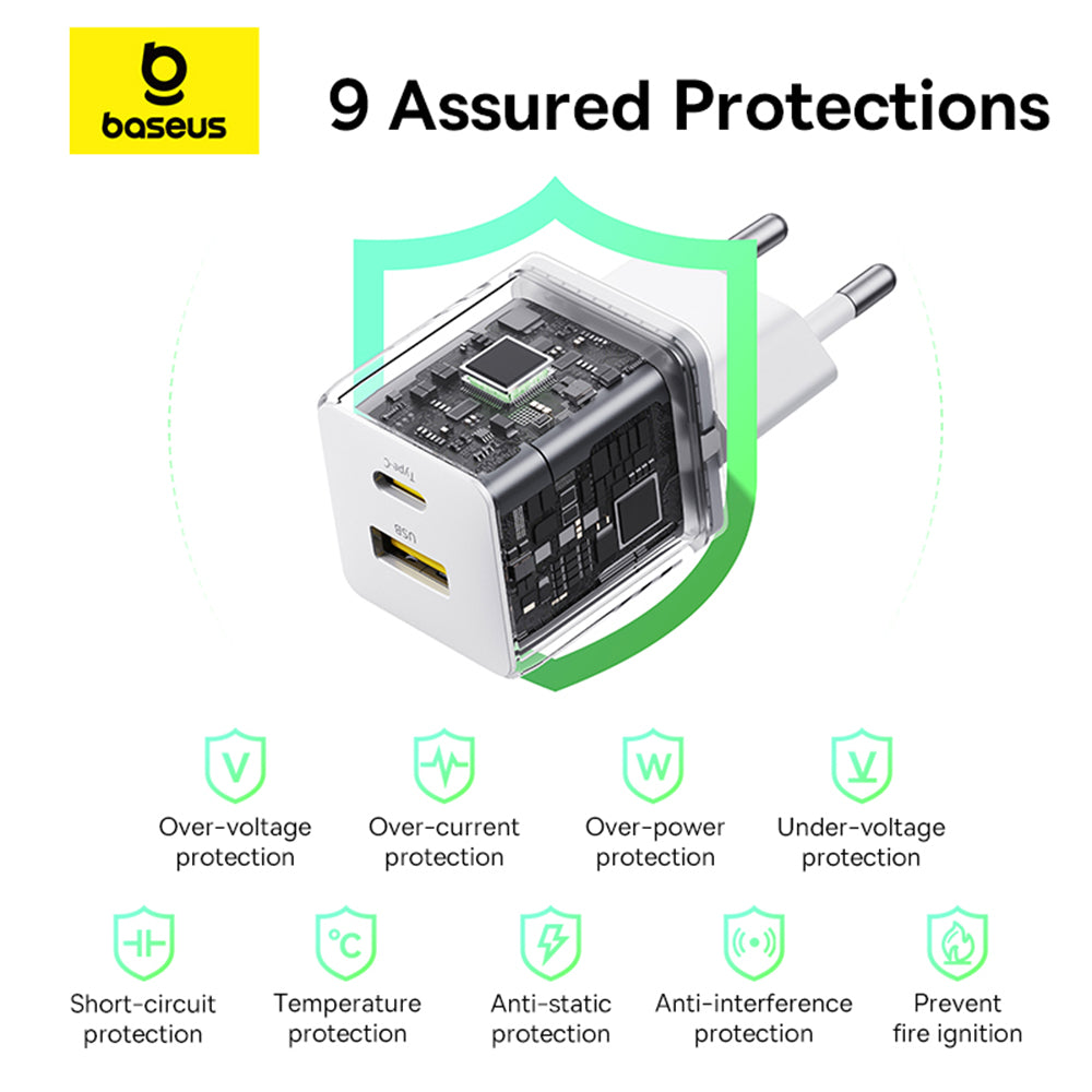 Baseus - Wall Charger Palm (P1011160A213-00) - Fast Charging, 2in1, USB, Type-C, 30W - Moon White