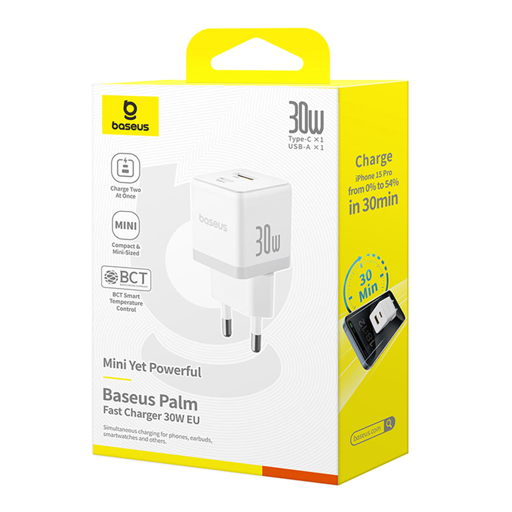 Baseus - Wall Charger Palm (P1011160A213-00) - Fast Charging, 2in1, USB, Type-C, 30W - Moon White