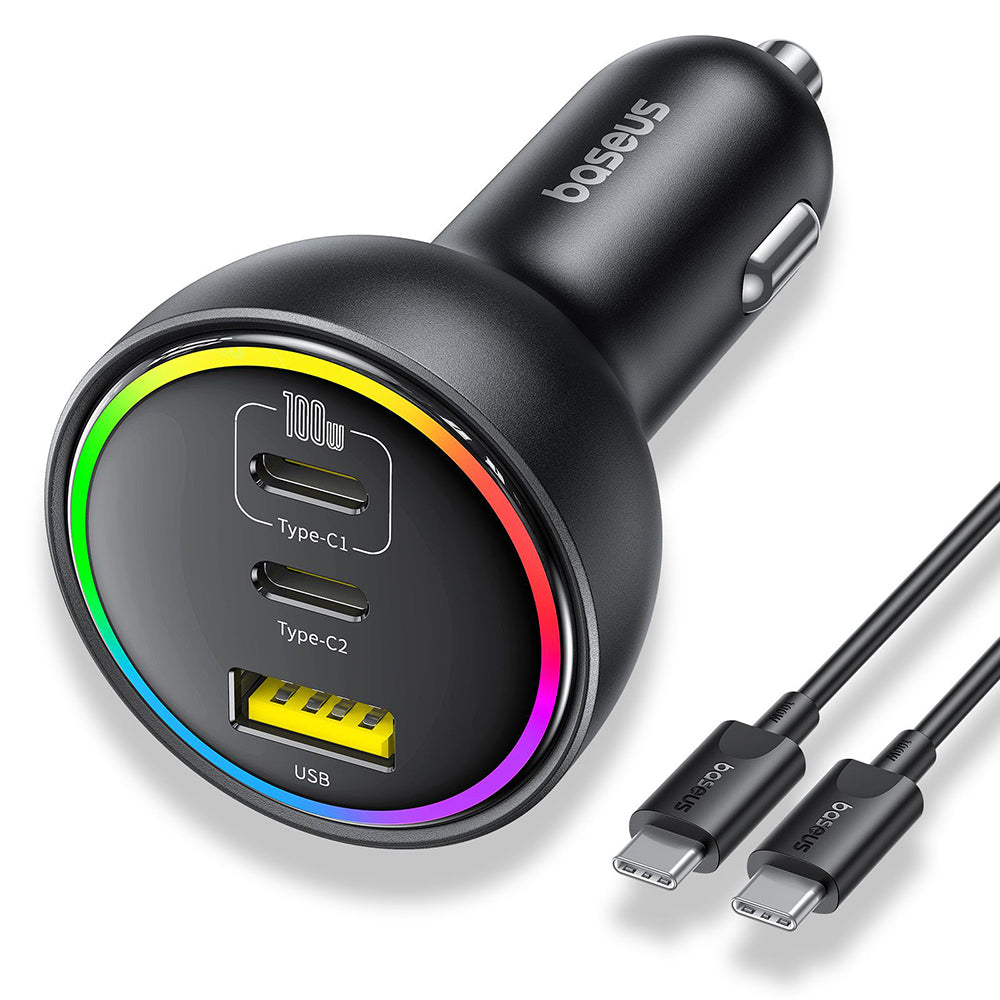 Baseus - Car Charger (C00036101111-00) - 2x USB-C, USB, 152.5W, Fast Charging, RGB Ambient Light, USB-C Cable - Cluster 