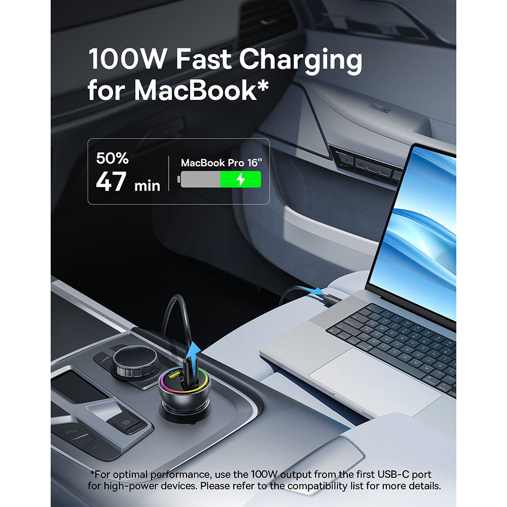 Baseus - Car Charger (C00036101111-00) - 2x USB-C, USB, 152.5W, Fast Charging, RGB Ambient Light, USB-C Cable - Cluster 