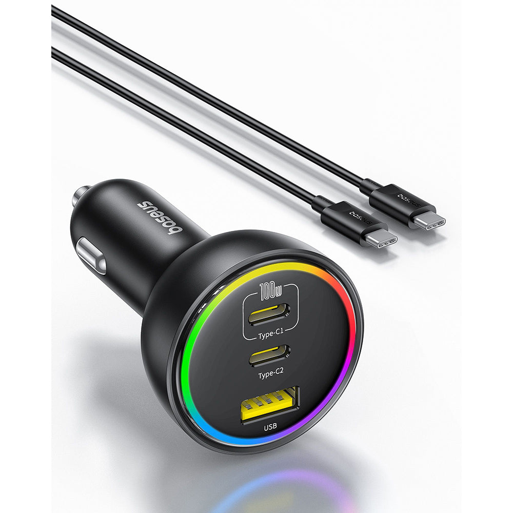 Baseus - Car Charger (C00036101111-00) - 2x USB-C, USB, 152.5W, Fast Charging, RGB Ambient Light, USB-C Cable - Cluster 