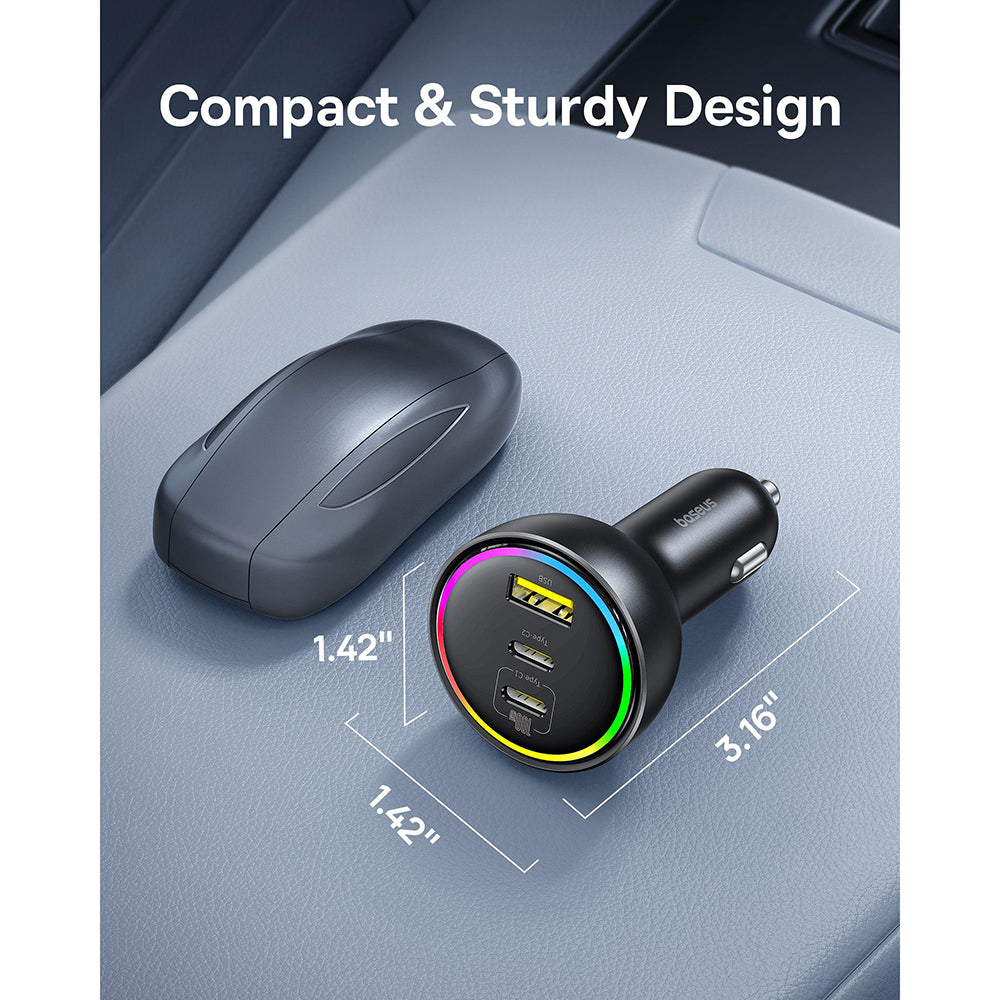 Baseus - Car Charger (C00036101111-00) - 2x USB-C, USB, 152.5W, Fast Charging, RGB Ambient Light, USB-C Cable - Cluster 