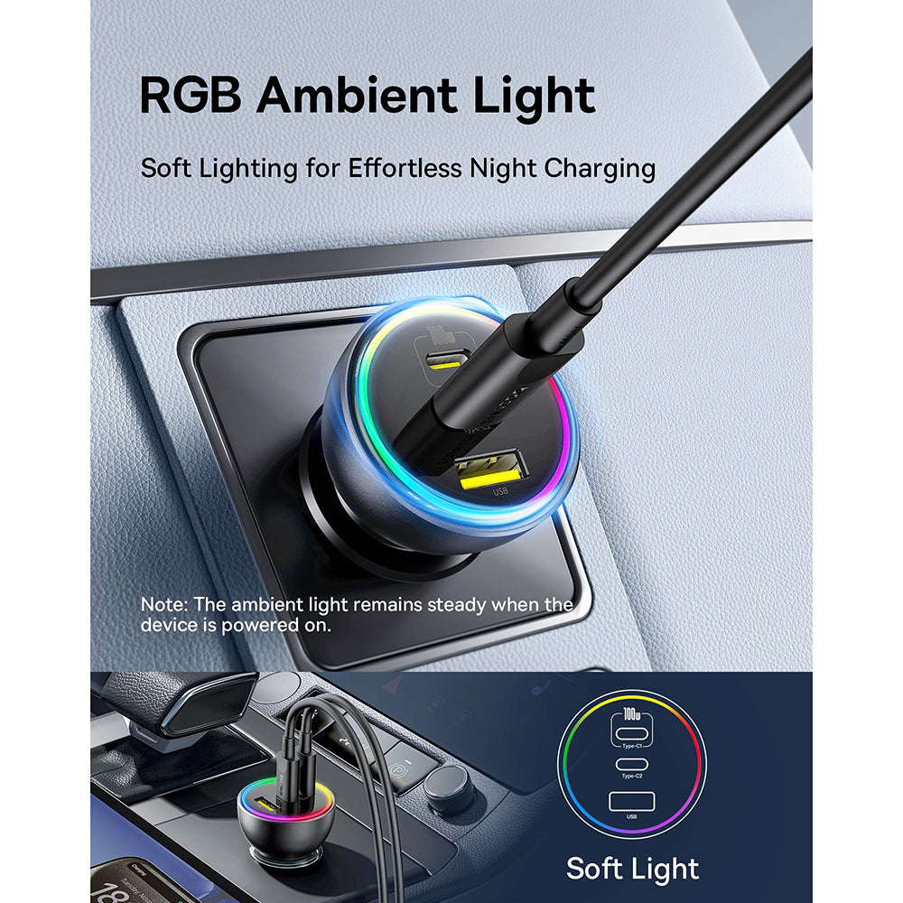 Baseus - Car Charger (C00036101111-00) - 2x USB-C, USB, 152.5W, Fast Charging, RGB Ambient Light, USB-C Cable - Cluster 