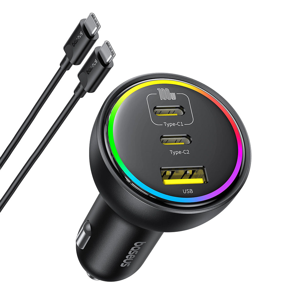 Baseus - Car Charger (C00036101111-00) - 2x USB-C, USB, 152.5W, Fast Charging, RGB Ambient Light, USB-C Cable - Cluster 
