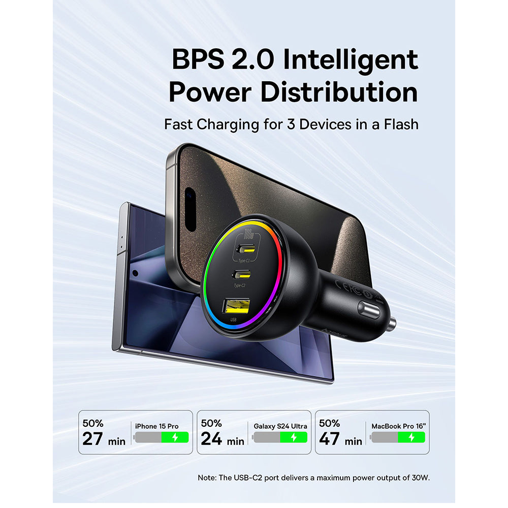 Baseus - Car Charger (C00036101111-00) - 2x USB-C, USB, 152.5W, Fast Charging, RGB Ambient Light, USB-C Cable - Cluster 