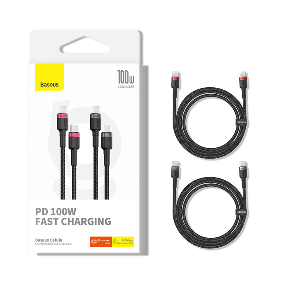 Baseus - (2 pack) Data Cable Cafule (P10318306003-00) - Type-C to Type-C, Fast Charging, 100W, 5A, 1m - Black/Red, Black