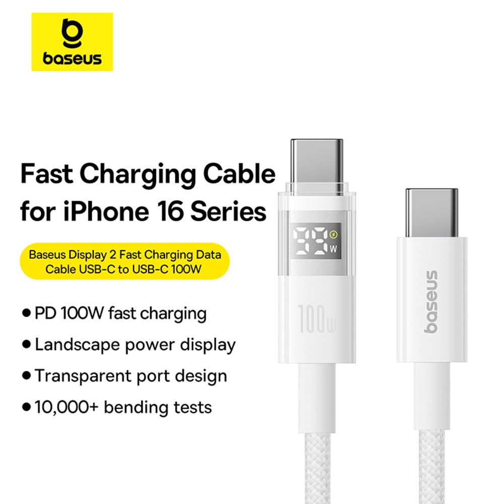 Baseus - Data Cable Display 2 (P10382702211-01) - Fast Charging, Type-C to Type-C, Digital Display, 100W, 2m - Moon Whit
