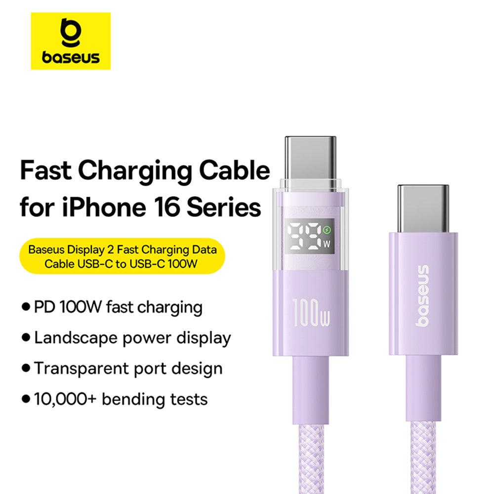 Baseus - Data Cable Display 2 (P10382702511-00) - Fast Charging, Type-C to Type-C, Digital Display, 100W, 1m - Nebula Pu