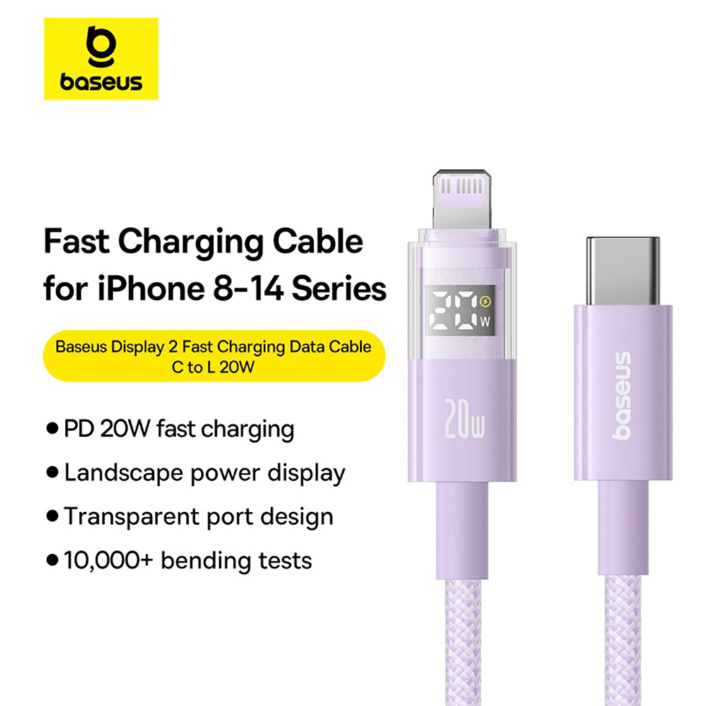 Baseus - Data Cable Display 2 (P10382703511-01) - Fast Charging, Type-C, Lightning, Digital Display, 20W, 2m - Nebula Pu