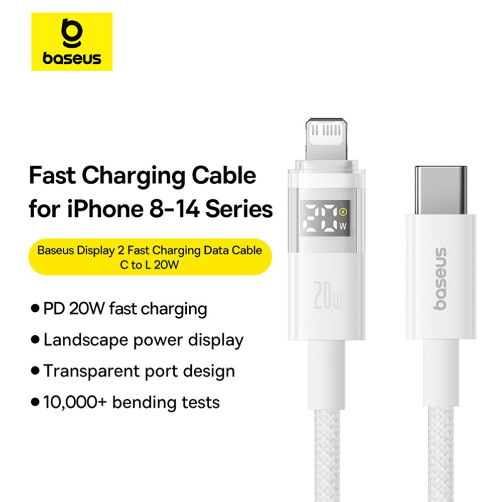 Baseus - Data Cable Display 2 (P10382703211-00) - Fast Charging, Type-C to Lightning, Digital Display, 20W, 1m - Moon Wh