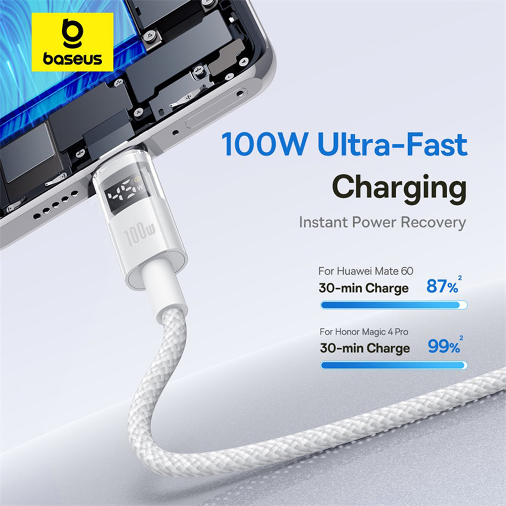 Baseus - Data Cable Display 2 (P10382701211-00) - Fast Charging, USB to Type-C, Digital Display, 100W, 1m - Moon White