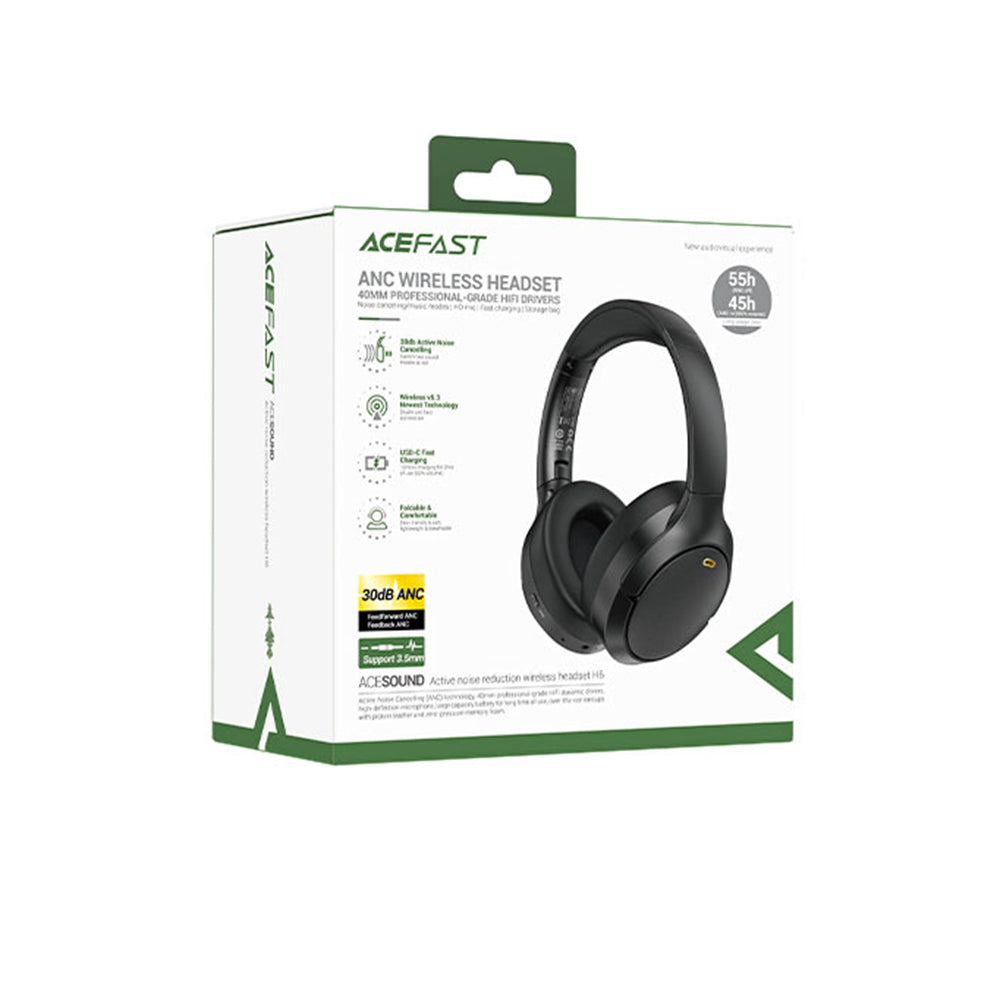 Acefast - Wireless Headset (H6) - Type-C, Bluetooth 5.3, Active Noise Reduction, IPX4, 500mAh, Hi-Fi Sound - Black