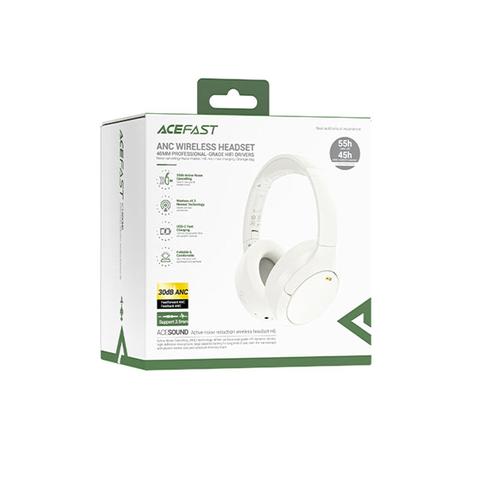 Acefast - Wireless Headset (H6) - Type-C, Bluetooth 5.3, Active Noise Reduction, IPX4, 500mAh, Hi-Fi Sound - White