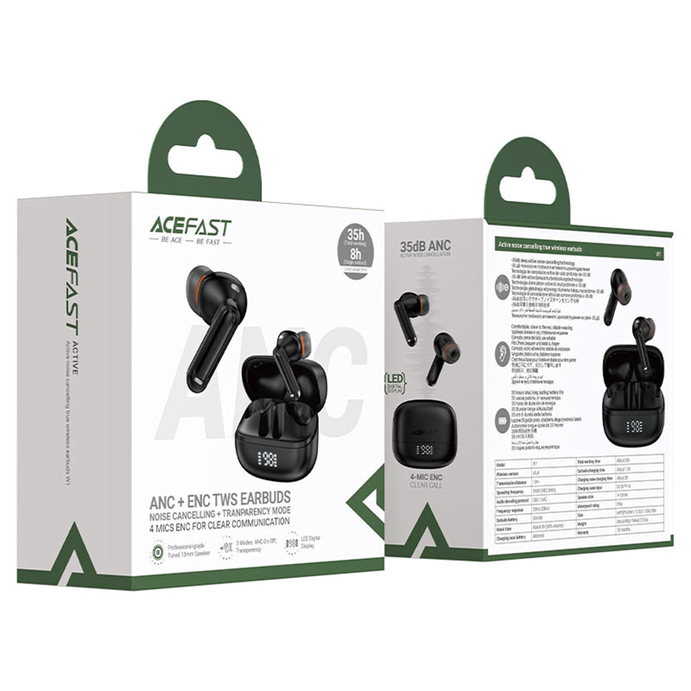 Acefast - Wireless Earbuds (W1) - Type-C, TWS, Bluetooth 5.4, Call Noise Reduction, IPX4, LED Digital Display - Black