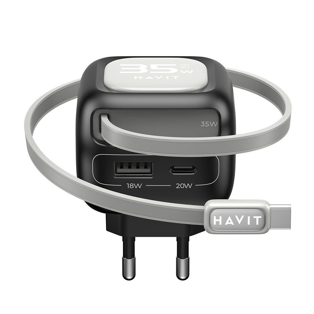 Havit - Wall Charger (UC251 EU) - Type-C Retractable Cable, Type-C, USB, GaN, 35W - Black / Gray