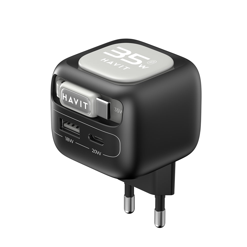 Havit - Wall Charger (UC251 EU) - Type-C Retractable Cable, Type-C, USB, GaN, 35W - Black / Gray