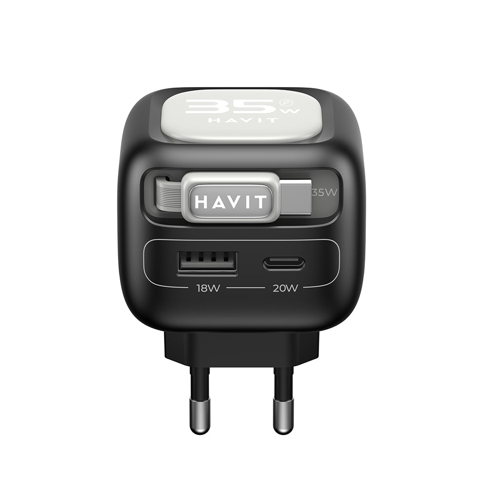Havit - Wall Charger (UC251 EU) - Type-C Retractable Cable, Type-C, USB, GaN, 35W - Black / Gray