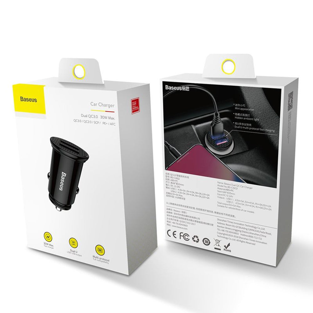 Baseus - Car Charger Circular (CCALL-YD01) - Dual USB 5A Super Fast Charging, QC 3.0 - Black