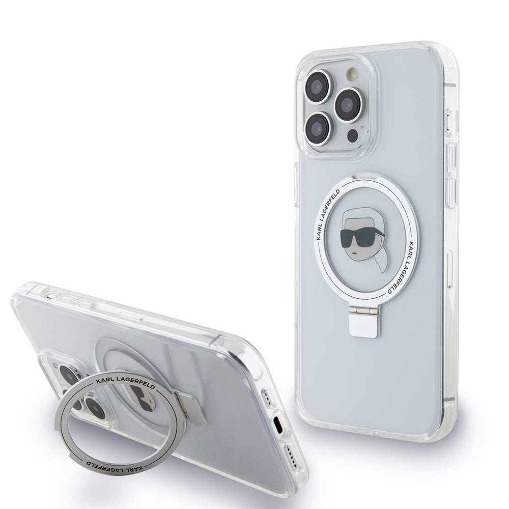 Karl Lagerfeld - Hardcase Ring Stand MagSafe (KLHMP15LHMRSKHH) - iPhone 15 Pro - White Karl Head