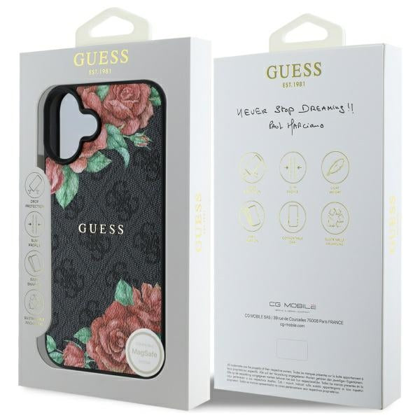 Husa pentru iPhone 16 - Guess Hardcase 4G Flower Print MagSafe (GUHMP16SP4ROPEMCK) - Black