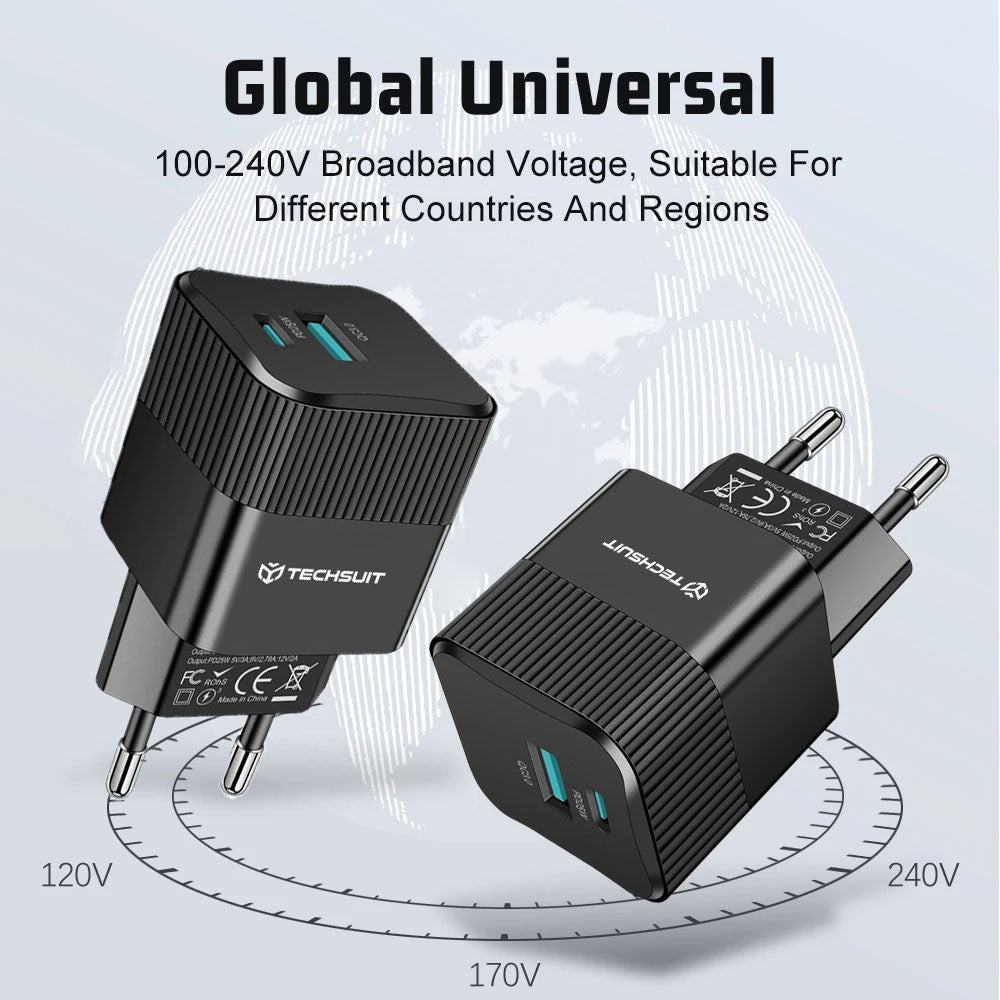 Techsuit - Premium Wall Charger Tiny Series (CHPD216) - GaN, USB QC3.0, Type-C PD25W - Black