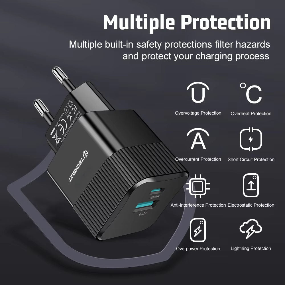 Techsuit - Premium Wall Charger Tiny Series (CHPD216) - GaN, USB QC3.0, Type-C PD25W - Black