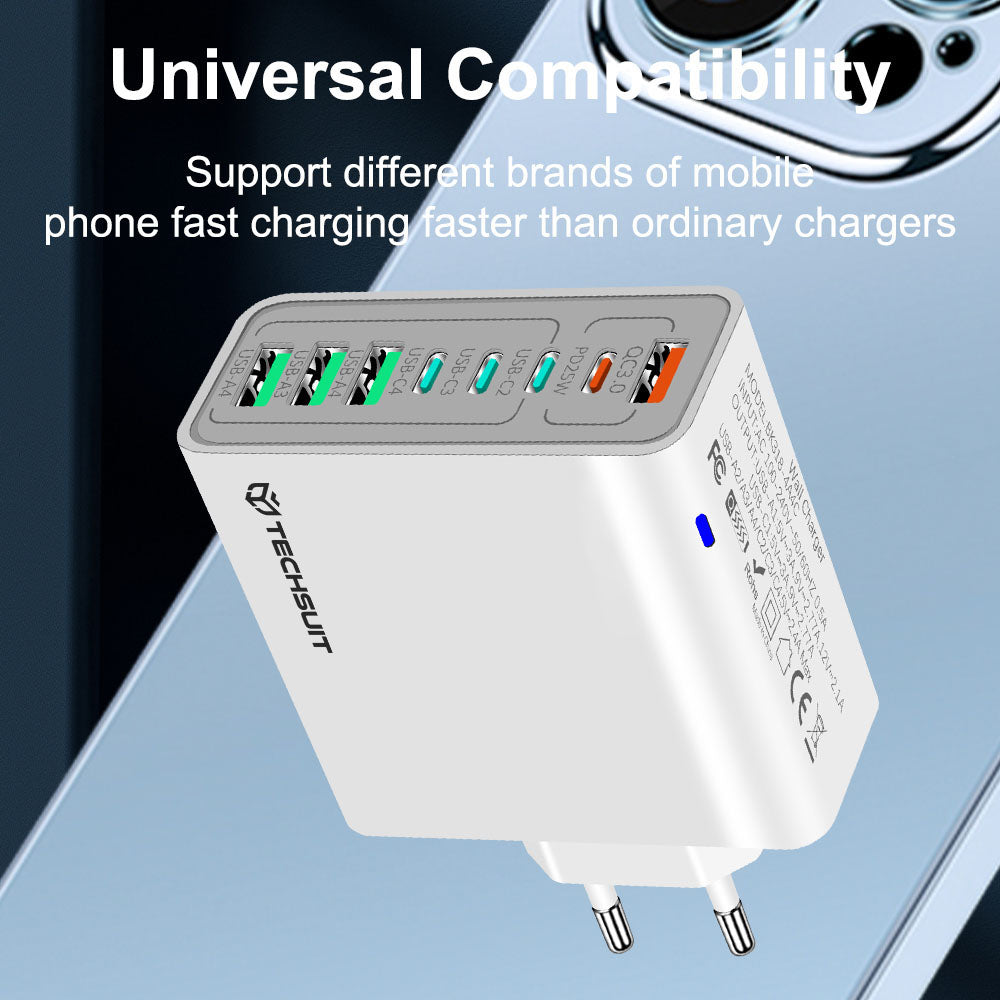 Techsuit - Wall Charger (CHPD224) - 4 x USB, 4 X Type-C, Fast Charging, 65W - Black