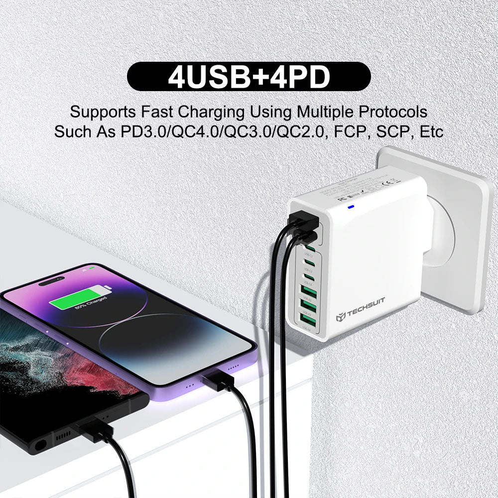 Techsuit - Wall Charger (CHPD224) - 4 x USB, 4 X Type-C, Fast Charging, 65W - Black