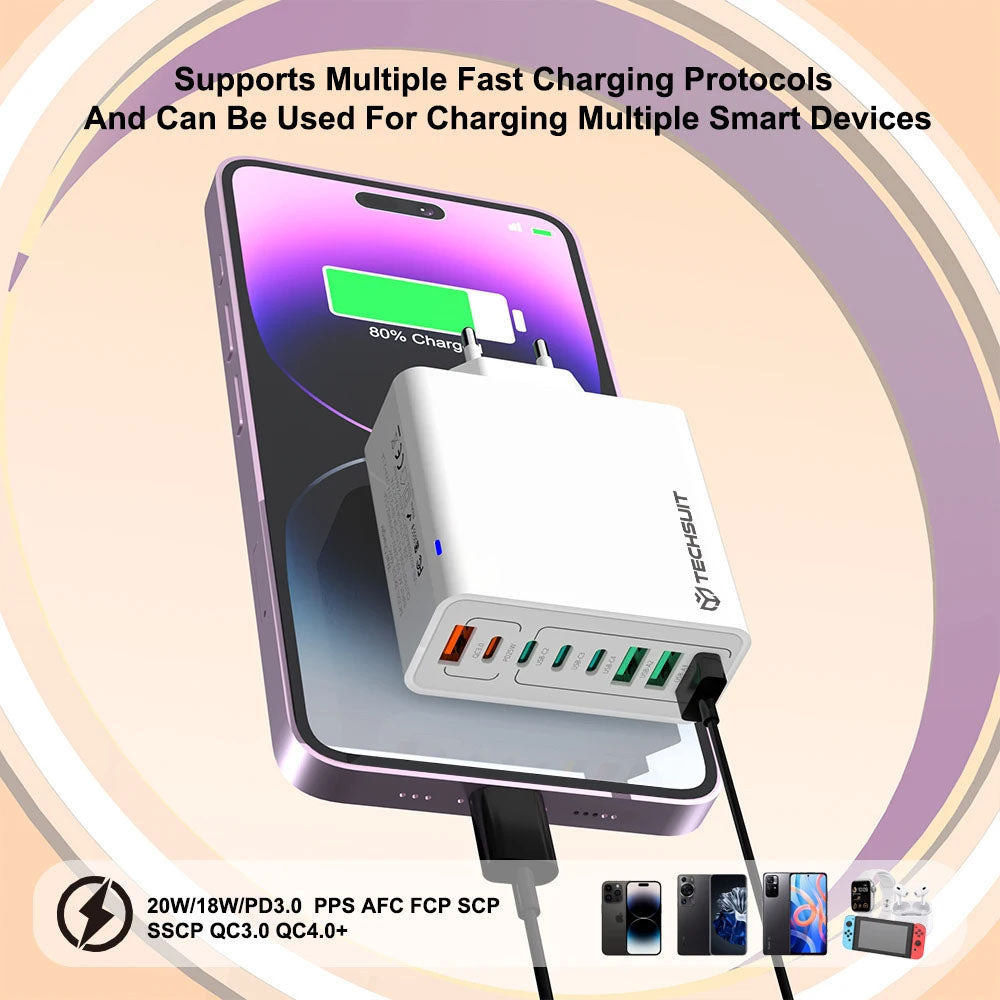Techsuit - Wall Charger (CHPD224) - 4 x USB, 4 X Type-C, Fast Charging, 65W - White