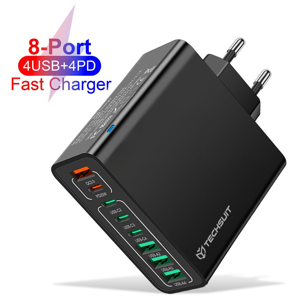 Techsuit - Wall Charger (CHPD224) - 4 x USB, 4 X Type-C, Fast Charging, 65W - Black