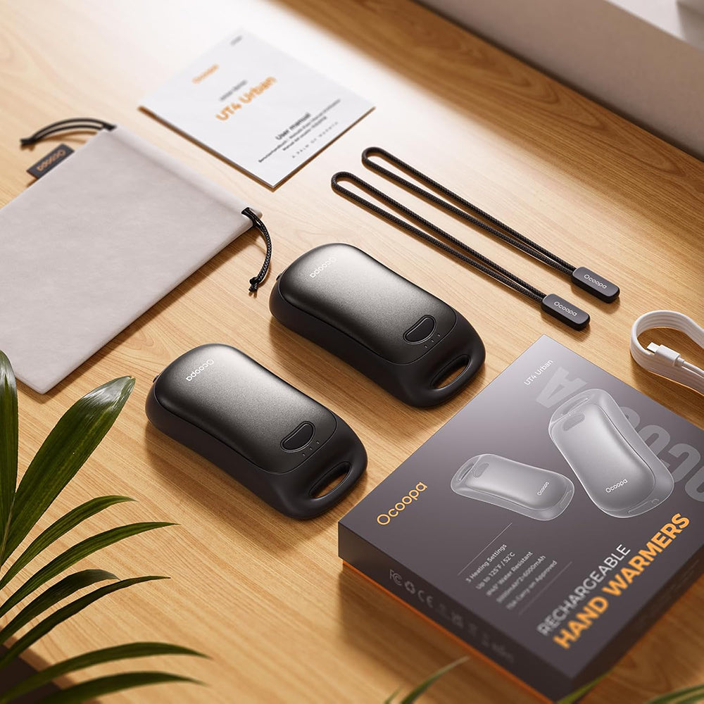 Ocoopa - Hand Warmer UT4 Urban (UT3061-BK) - USB-C, IP45, Adjustable Heat, Magnetic, with Strap, 2x 3000mAh - Black