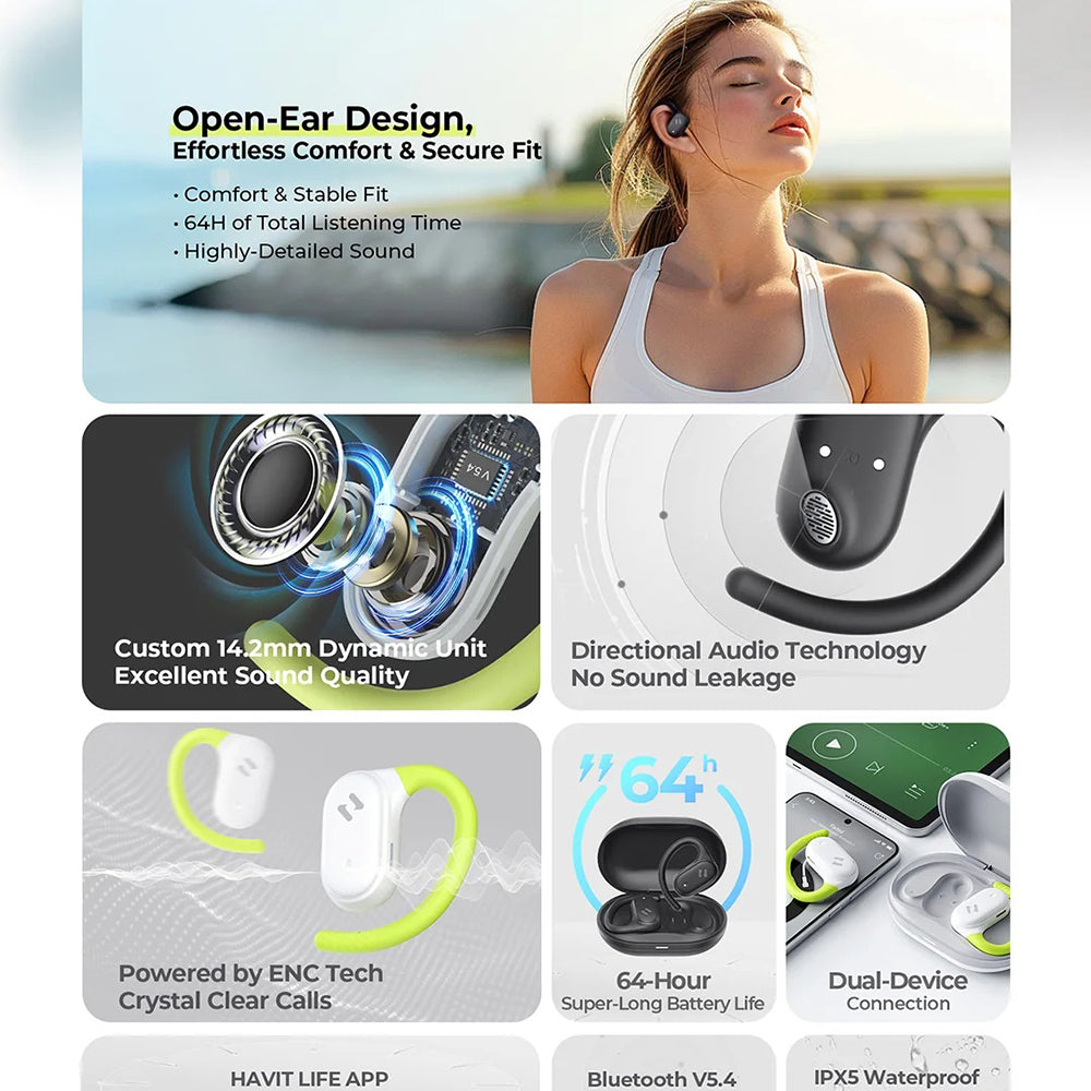 Havit - Wireless Earbuds (OWS915) - with Microphone, Bluetooth 5.4, TWS, ENC, IPX5, USB-C, 1000mAh, Havit Life App - Whi