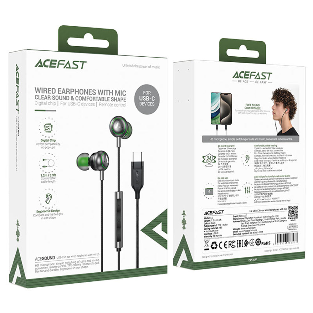 Acefast - Wired earphones (L5) - Type-C, In-ear, with Microphone, 1.2m - Black