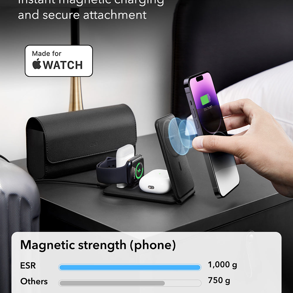 ESR - Premium 3in1 Travel Wireless Charging Set (2C569) - with Bag Accessories, for iPhone, MFi Apple Watch, AirPods, Qi