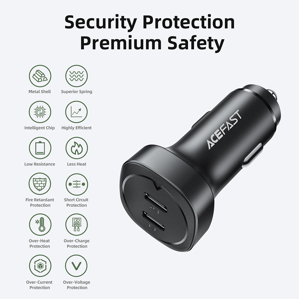 Acefast - Car Charger (B2) - 2x Type-C, Dual PD Fast Charging, 72W, Built-in Voltage Regulator Chip - Black